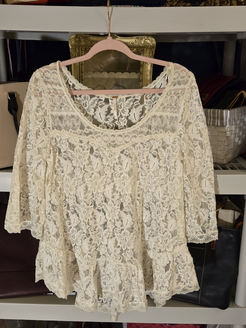Free People Coquette/Cottagecore Cream Lace Peplum Top